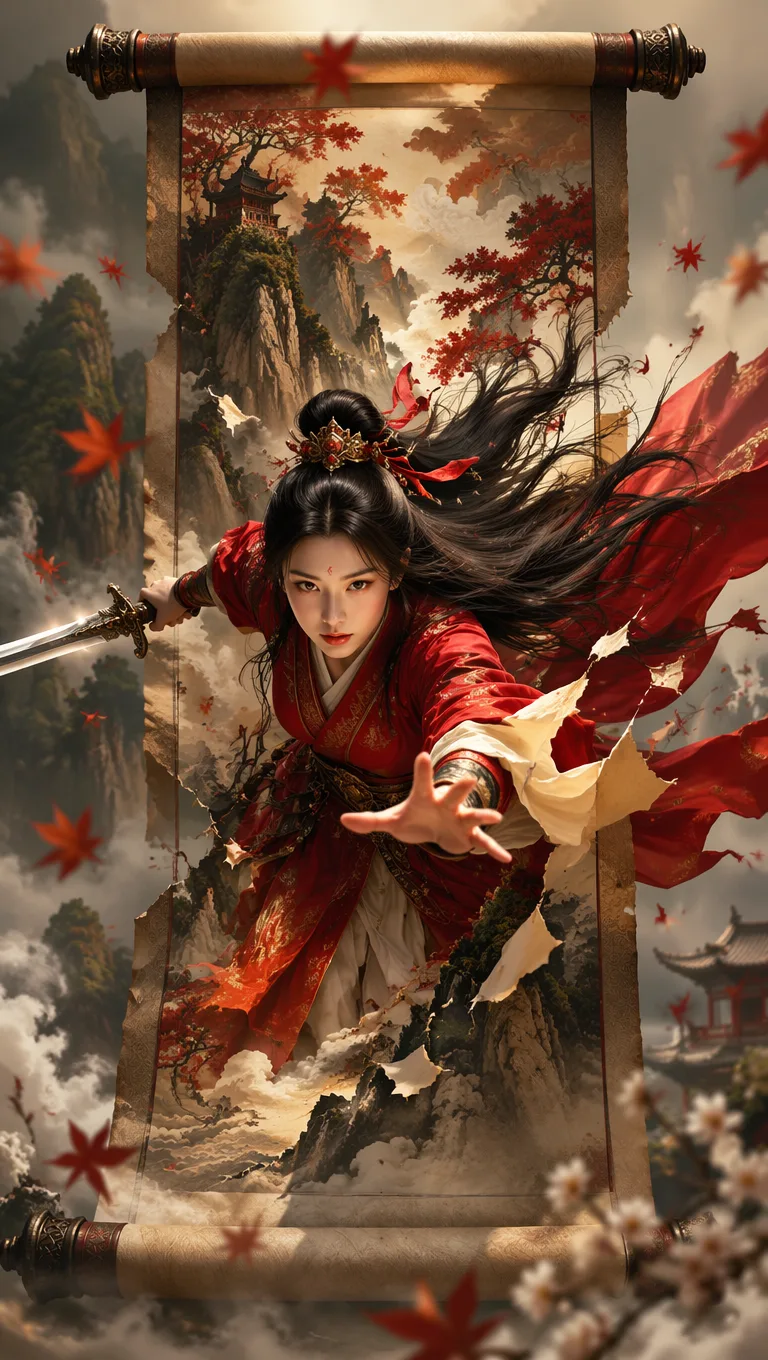 Oriental Fantasy Scroll Emergence Poster AI 3
