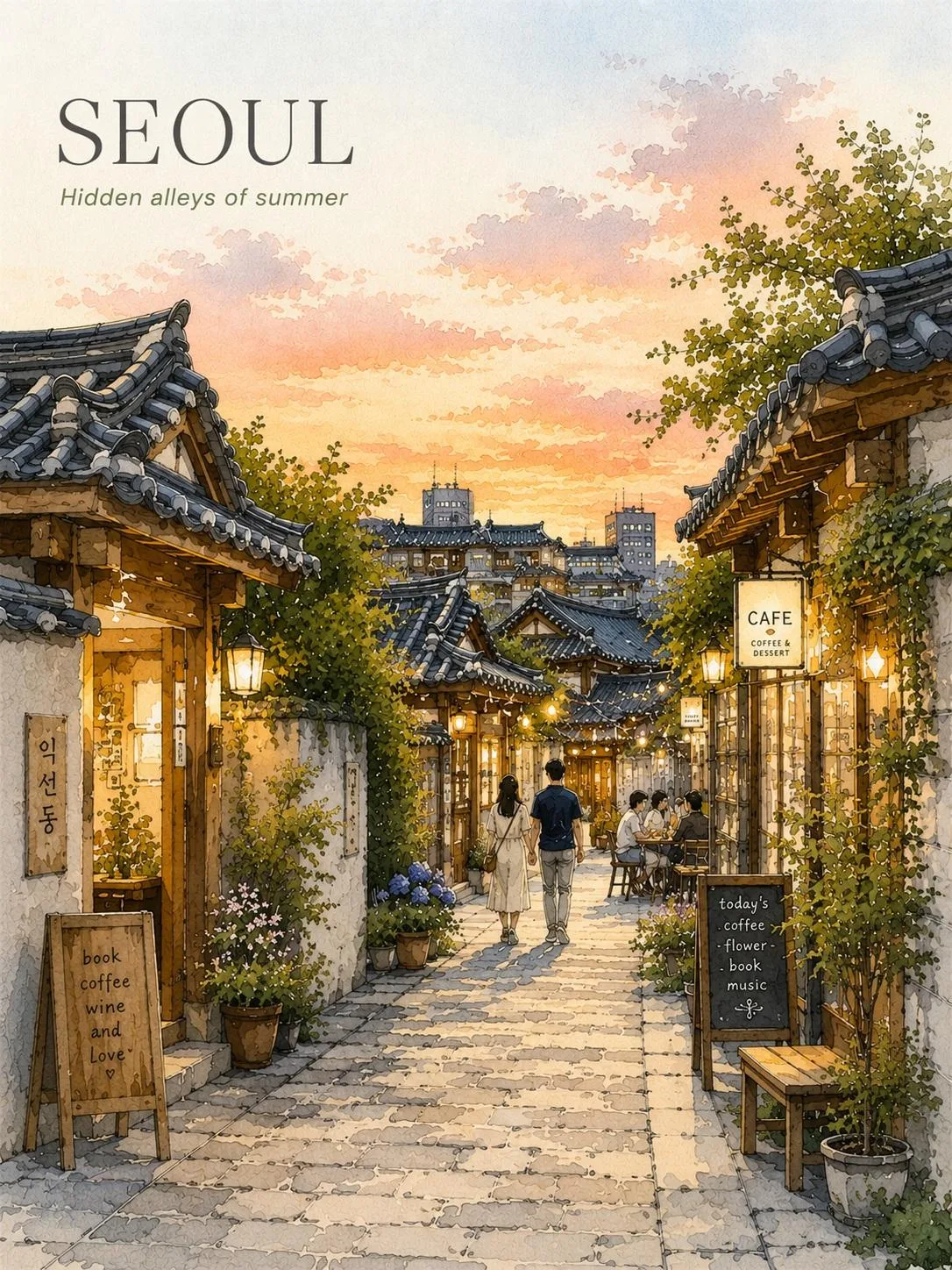 Charming Seoul Travel Poster Delicate Watercolor Ink