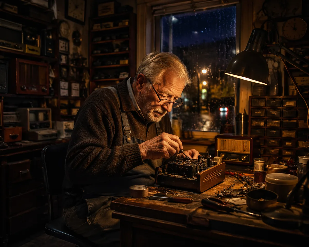 Retro Radio Repair Shop Cinematic Scene AI prompt example