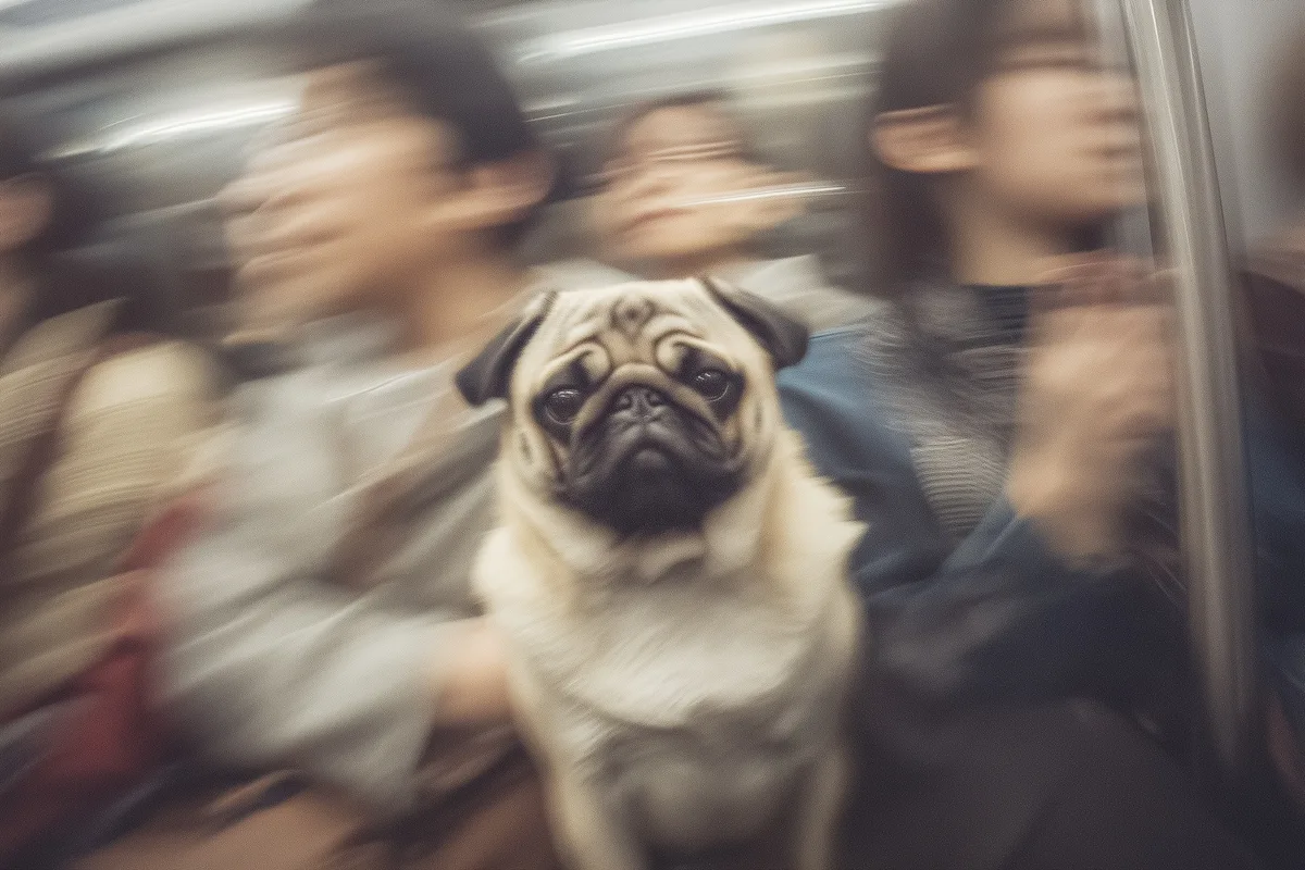 Pug Sitting Still Busy Subway Train While prompt example