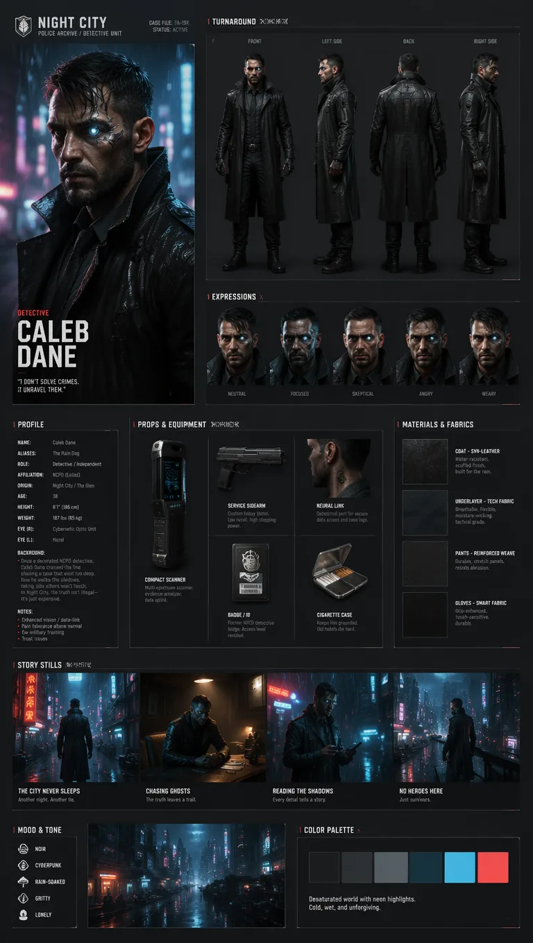 Cinematic Character Design Board AI prompt example