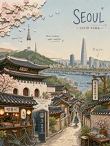 Layered Papercut City Travel Poster Seoul