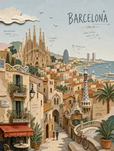 Layered Papercut City Travel Poster Barcelona