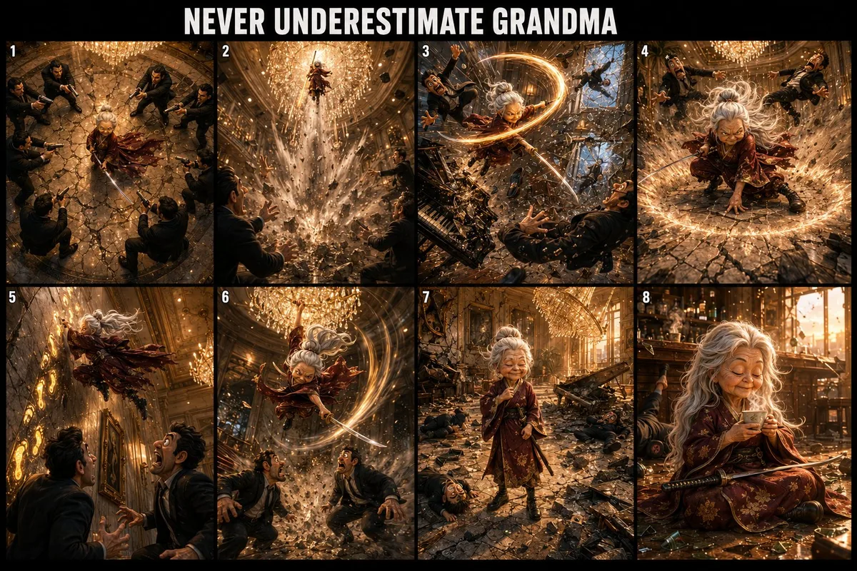 Professional Cinematic Storyboard Sheet 8 Panels Arranged