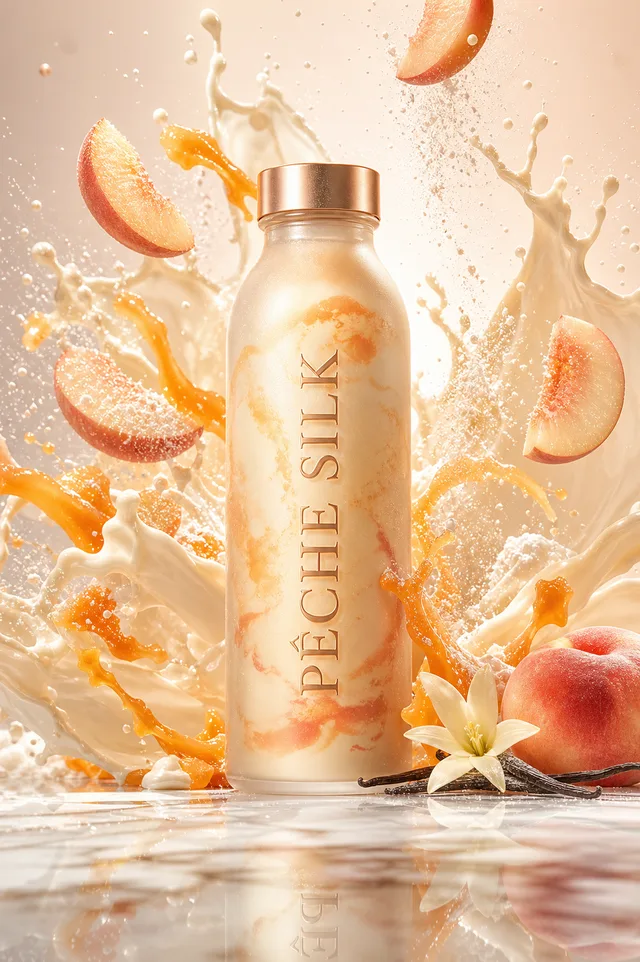 Peche Silk Elegant Frosted Glass Bottle Ad Poster prompt example
