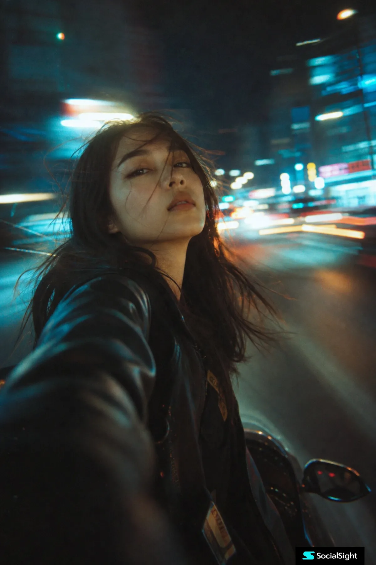 Cinematic Night-Time Selfie Young Woman Riding