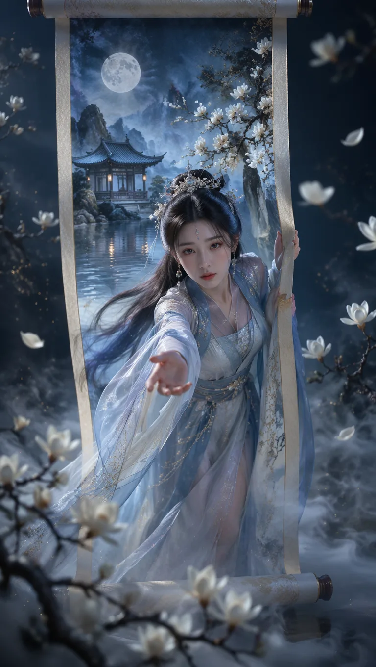 Oriental Fantasy Scroll Emergence Poster AI prompt example