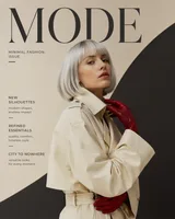 Minimal Fashion Magazine Cover Mode Adult Model With Silver Bob Haircut Cream T