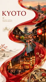 Red Ribbon City Cultural Tourism Poster Kyoto Wooden Machiya Street And Lanterns Gion Ma