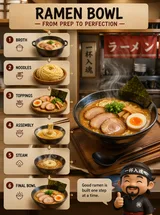 Three D Food Process Step Infographic Ramen Bowl Broth Noodles Toppings Assembly Steam