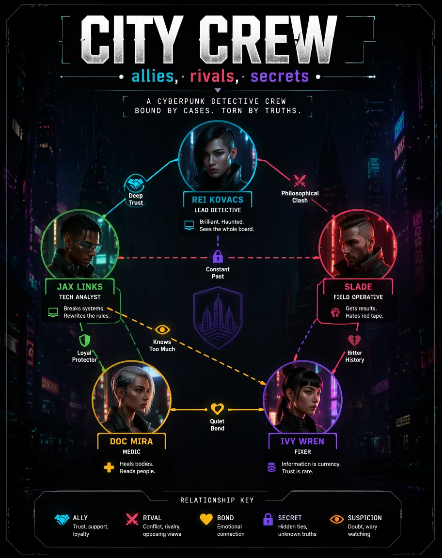 High Design Character Relationship Diagram Poster AI