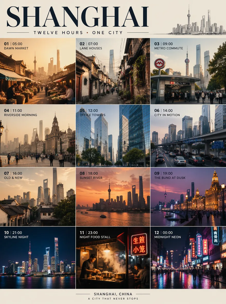 City Twelve Hours Collage Poster AI prompt example